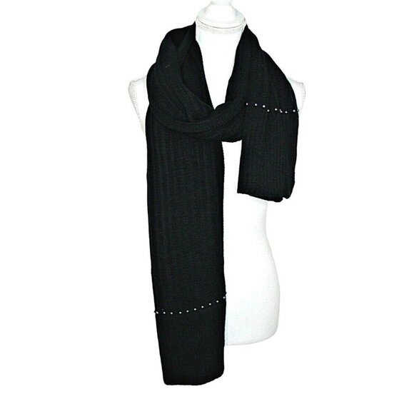 A New Day Scarf Black Ribbed Knit Long 78" Length Gray Pearl Accent Soft Acrylic - Picture 4 of 11